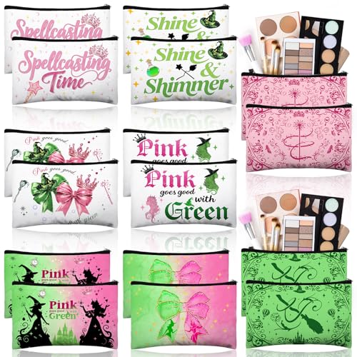 Stuffygreenus 16 Pcs Musical Witch Cosmetic Bags Bulk for Women Wicked Birthday Party Favor Makeup Bags Pink and Green Witch Princess Gifts Travel Zipper Pouches for Girl Evil Fan Lovers Party Decor