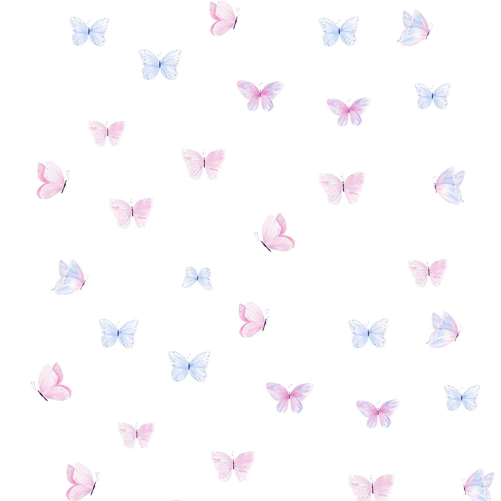 6 hojas de 36 calcomanías de pared de mariposa azul claro y rosa claro, calcomanías de pared de arte en acuarela, vinilo extraíble para niños, guardería, dormitorio, sala de juegos,
