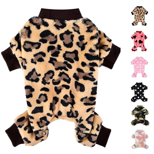 Dog Sweater Dog Pajamas for Small Dogs Girl Boy Super Soft Warm Small Puppy Sweater Pjs Cute Pet Clothes Doggie Jumpsuits Fleece Puppy Onesies Outfits for Chihuahua Yorkie, Leopard, M