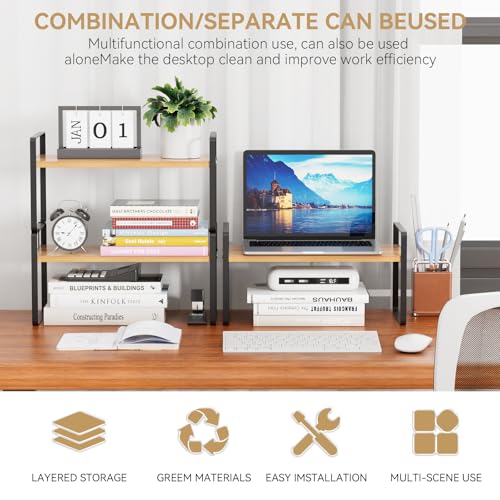 Image of YGYQZ Desk Shelf Organizer for Top of Desk, Detachable 2 Tier Desktop Bookshelf, Wooden Desk Shelves Storage Rack, Small Desktop Shelf for Office Home Dorm, Tabletop Desk Organizer Stand (Black Wood)