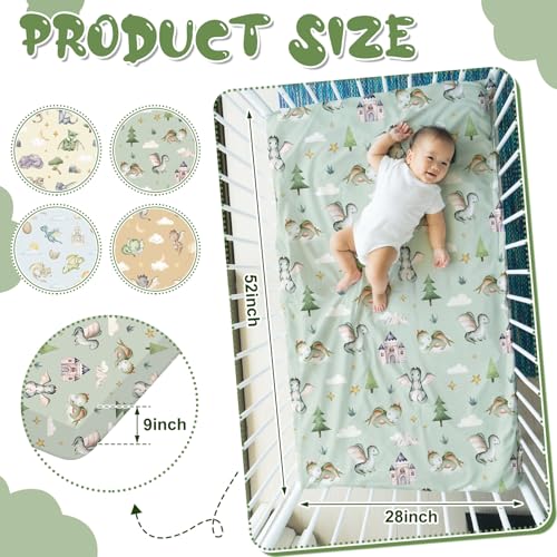 Image of VitalCozy 4 Pcs Watercolor Dragon Crib Sheet Set Newborn Bedding Nursery Baby Sheets for Girl Boys Baby Gifts for Standard Crib and Toddler Mattresses, 52 x 28 x 8 Inches