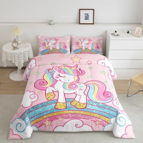 Feelyou Unicorn Bedding Full,Star Print Rainbow Kids Comforter Se...