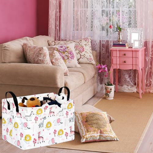 Image of Gift Toy Storage Basket for Girls and Boys, Storage Organizer for Nursery Hamper Home Bedroom Laundry Hamper Shelf Easter Baskets (Pink Zoo)