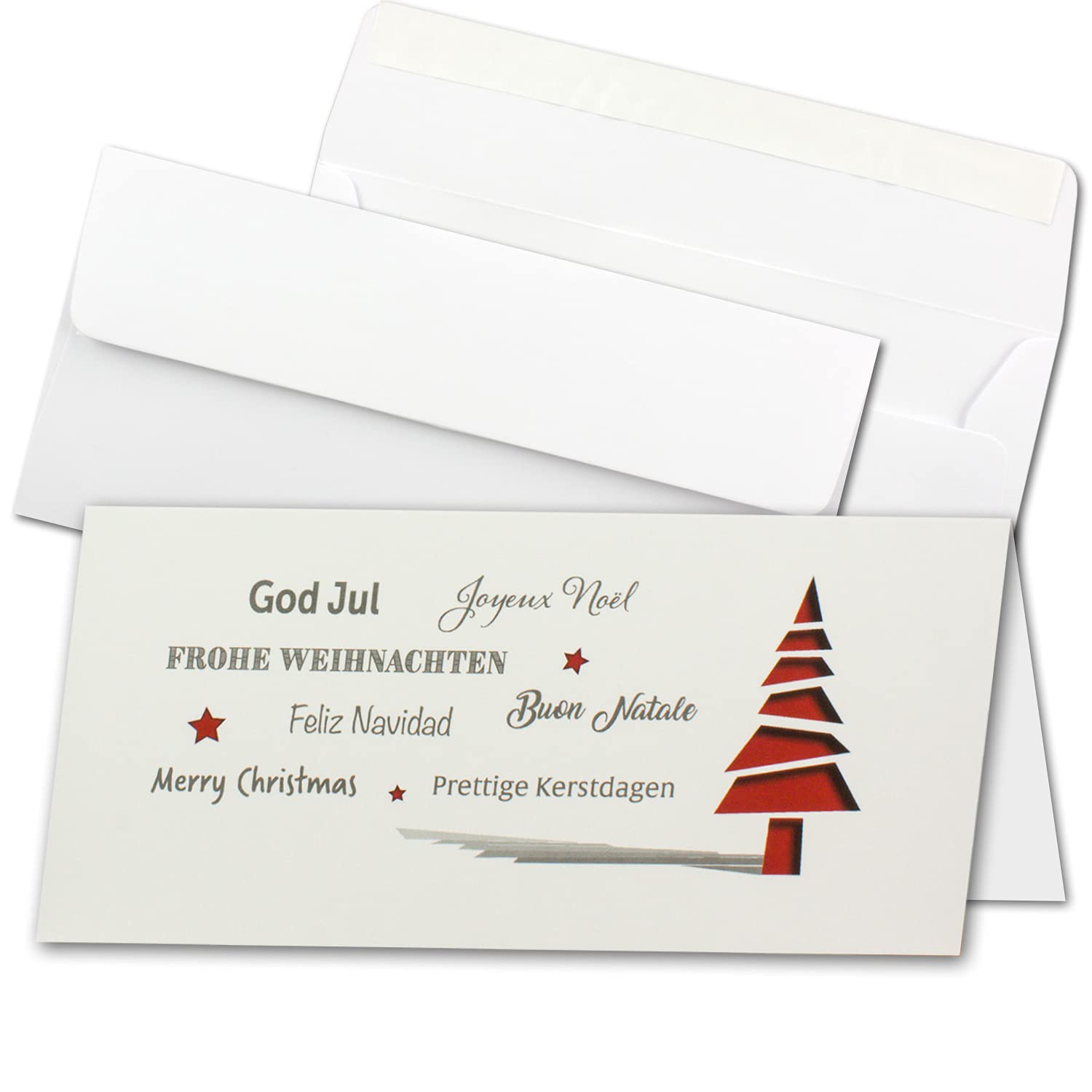 Set de 75 tarjetas de Navidad DIN largas, en color crema con abeto rojo y texto, tarjetas plegables con sobres a juego, color blanco con adhesivo