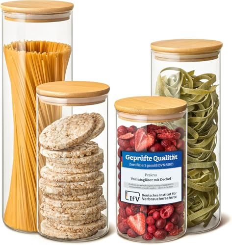Praknu Vorratsgläser mit Deckel 4er Set - Luftdicht mit 4 Extra Dichtungen...