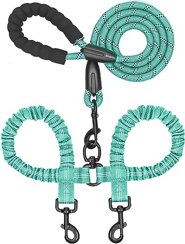 iYoShop Dual Dog Leash - 360° Swivel, No Tangle Walking Leash with Shock Absorbing Bungee for Two Dogs (Large, 25-150 lbs, Teal)