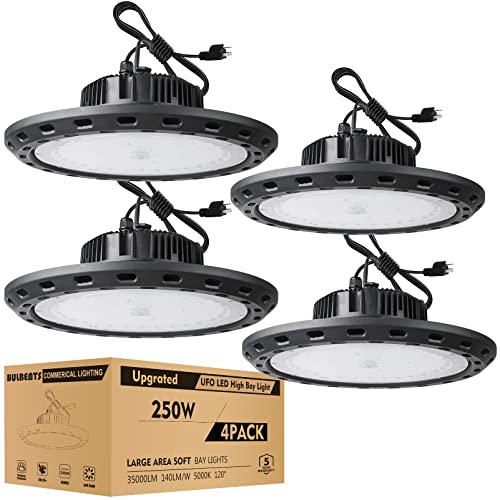 bulbeats 250W LED High Bay Light 35000lm (Eqv.1000W MH/HPS) High Bay LED Light, 5000K Daylight Bay Lights, 5â€˜ Cable with US Plug Commercial Warehouse/Workshop/Wet Location Area Light 4Pack