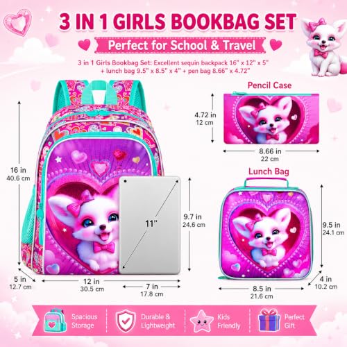 Image of 3Pcs Fox Backpack for Girls, 16 inch Kids Bookbag with Lunch Box, School Backpacks Set for Elementary Preschool Kindergarten(Pink)