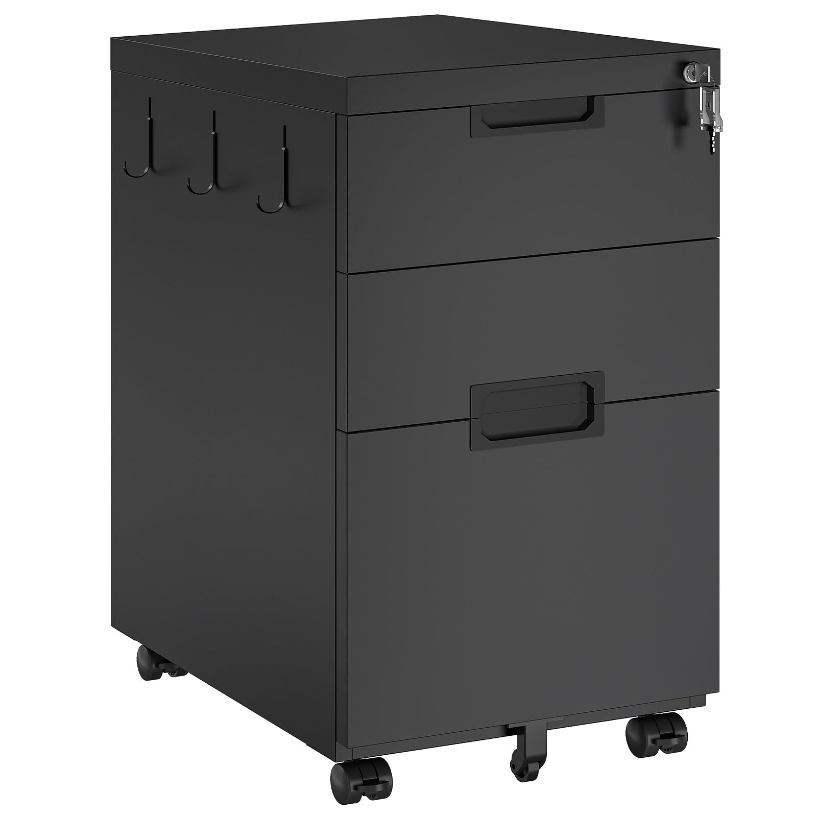 HOOBRO Caisson de Bureau, Armoire de Classement Mobile avec 3 tiroirs verrouillables, Meuble de Rangement métallique avec 3 Crochets, pour classeur de Format A4, Legal, Letter, Noir EBB13WJ01