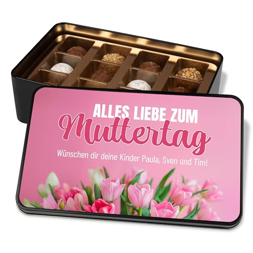 True Statements Pralinendose personalisiert – Muttertagsgeschenk mit 12 Pralinen, Tulpenmotiv, Geschenkidee für Mama