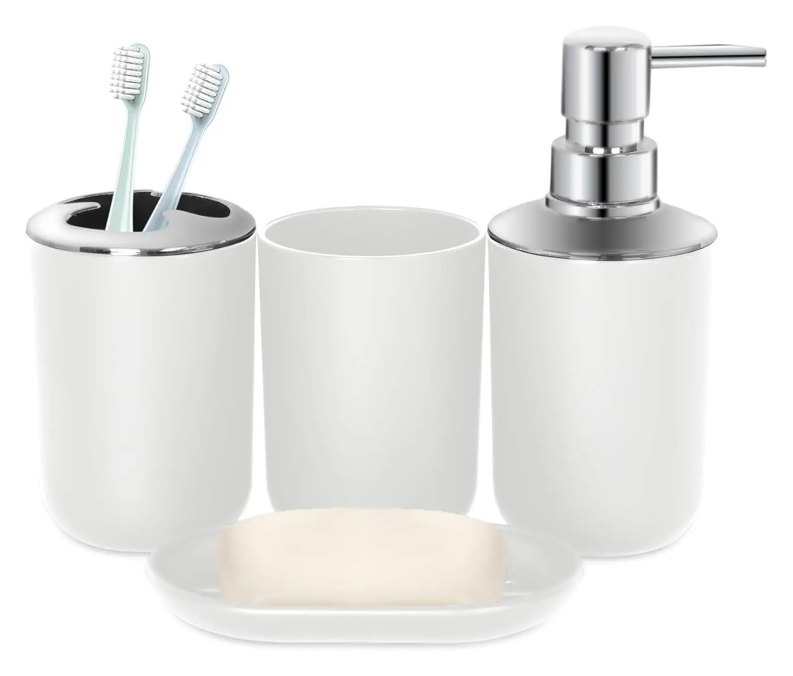 Badezimmer Set Badezimmer-Zubehör-Set, 4-teilig, Kunststoff-Seifenspender und Zahnbürstenhalter, Seifenschale Mundwasserbecher, Boho(Color2)