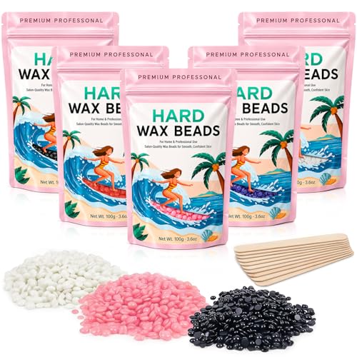 VEGISHINE Professional Hard Wax Beads 500g Multi-colour Hot Wax Beads with 10 Wooden Sticks Strip-Free Hair Removal Wax for Full Body Bikini Brazilian Legs & Face (5 packs of 100g)