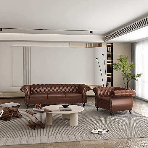 Nosga Large Sofa Pu, Modern Couch Furniture Sofa Classic Tufted Chesterfield Settee Sofa Tufted Back For Living Room, (Dark Brown 1+3) #TOP1