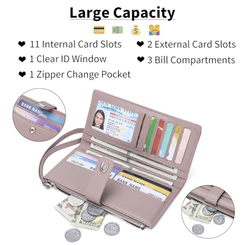 Image of Womens Wallet Bifold Long Card Holder Vegan Leather with Zipper Pocket