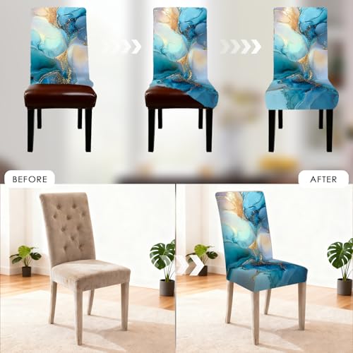 Image of Nuxovilar 4PCS Blue Gold Fluid Art Stretch Chair Covers 23.6x70in