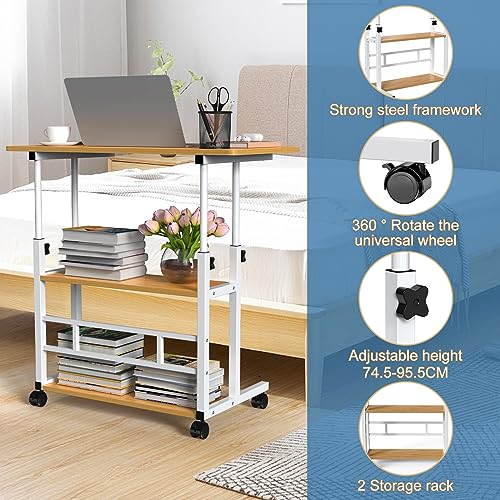 Image of PIPIPOXER 80 cm x 40 cm Computer Desk with Wheels, Laptop Table, Height Adjustable 74.5-95.5 cm, Small PC Table, Computer Desk, Standing Table, Mobile with 4 Wheels and 2 Shelves, Dark Wood