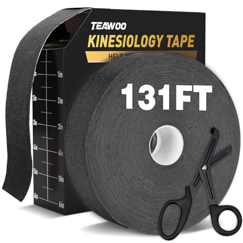 (2in X 131ft) TEAWO Kinesiology Tape Bulk Roll Waterproof Hypoallergenic Latex-Free Sports Tape Muscle & Joint Support for Athletes Free Cut with Bonus Specialized Scissors (Black)