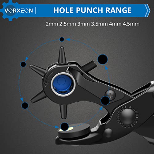 Vorxeon Belt Hole Puncher For Leather, 6 Sizes Revolving Hole Punch Pliers Set With Ruler, Grinding Rod, Plastic Hammer, 240Pcs Leather Double Cap Rivets And 100Pcs Leather Snap Fasteners #TOP2