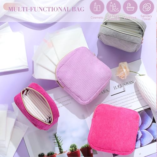 Image of Dansydaisy 4 Pcs Sanitary Napkin Storage Bag Pink Corduroy Period Bag for Gift School Teen Mini Makeup Preppy Cosmetic Wallet Set for Women Teacher Portable First Period Cute Pad Pouch with Zipper