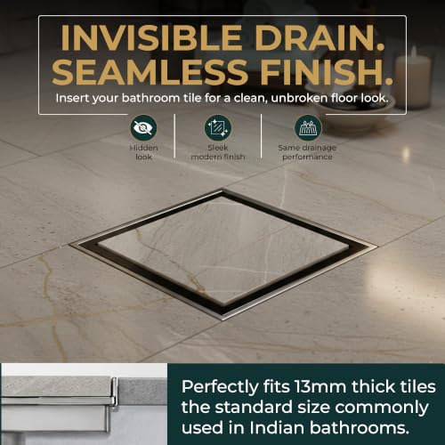 Image of KRYSSTAL 5x5 Inches Square Tile Drainer | Bathroom Drain Cover with Advanced Cockroach Trap | 1mm 304 Grade Stainless Steel Tile Insert Floor Drain Jali with Anti-Odour Floor Trap for 13mm Tiles