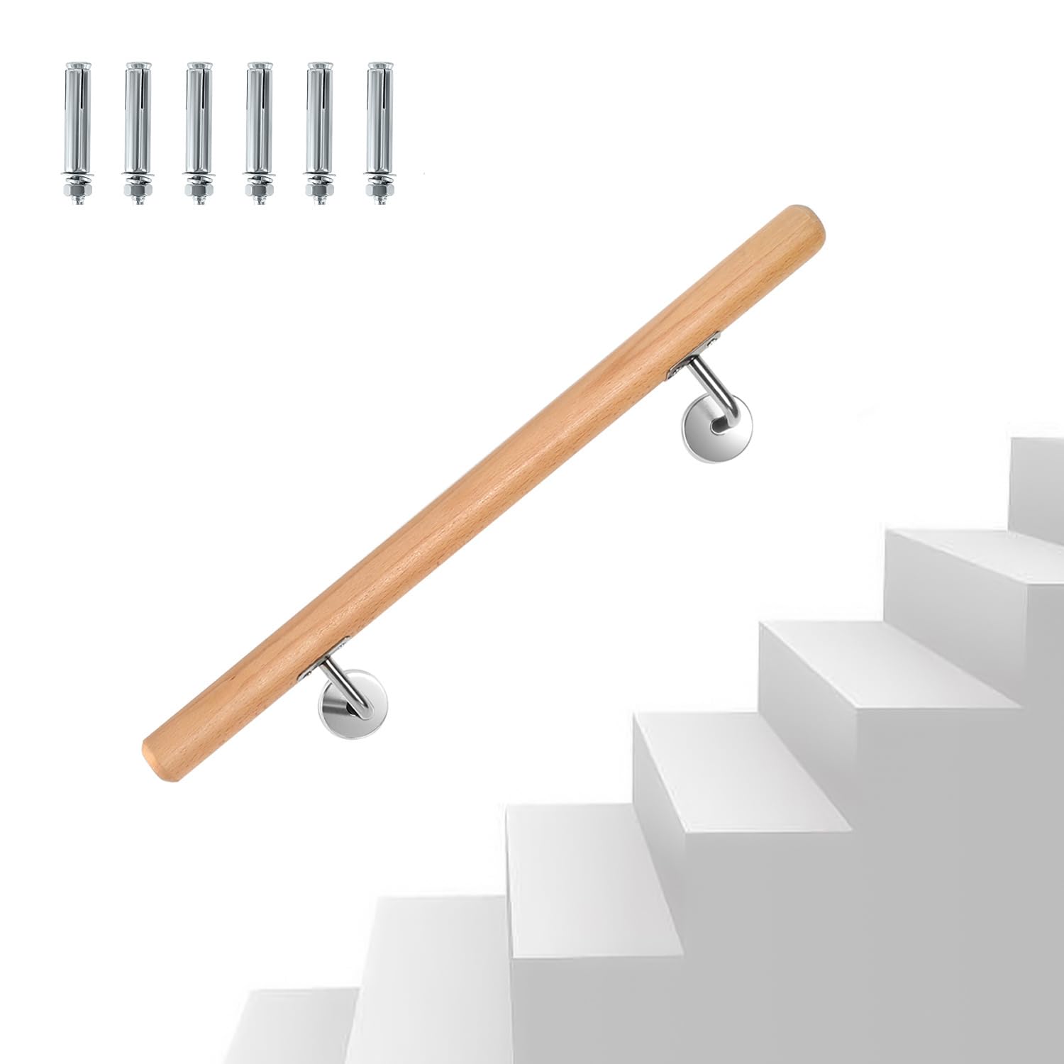 Main courante en bois de hêtre - 80 cm - Rampe d'escalier murale - Avec support mural et embouts, main courante ronde de 42 mm de diamètre - Antidérapante - Pour escaliers, balcon