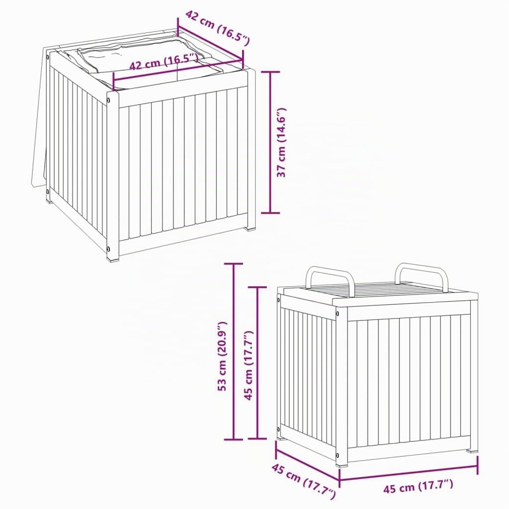 vidaXL Boîte à coussins d'extérieur bois d'acacia solide et acier, conteneur à coussins, boîte de rangement, boîte à coussins d'extérieur