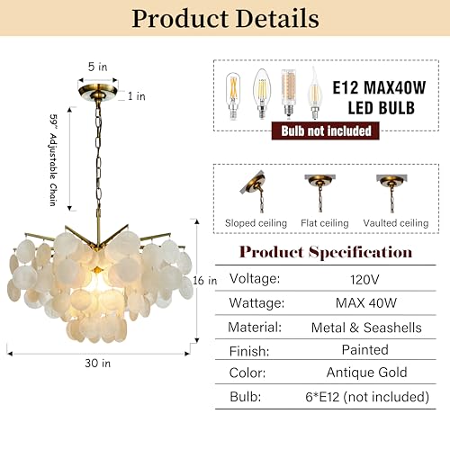 ALOADECOR 6-Light 30" Cone Shape 5-Tier Coastal Capiz Shells Chandelier with Antique Gold Metal Farmhouse Natural Seashell for Dining Room Living Room - Image 3