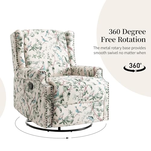 Image of Swivel Rocker Recliner Chairs Set of 2, 360 Swivel Wingback Recliner Chairs for Adults, Upholstered Printed Fabric Glider Rocking Chair with High Back, Deep Seat for Living Romm Bedroom, Bird