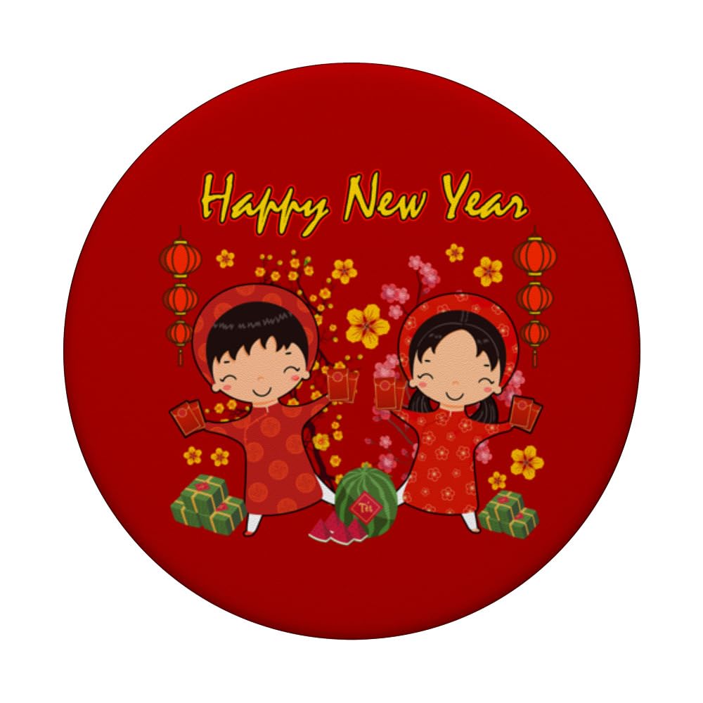 Kids Lunar New Year Cute Boy Girl Ao Dai Chuc Mung Nam Moi PopSockets Swappable PopGrip, Black - Image 3