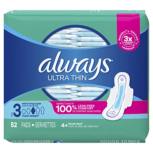 Always, Ultra Thin Pads for Women, Size 3, Extra Long Super Absorbency with Wings, 52 Count