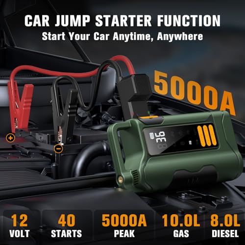 Jump Starter with Air Compressor,5000A Car Battery Jumper Starter, 16000mAh Battery Jumper Starter Portable for 10L Gas/Diesel Engine with 160PSI Booster,LED Display & Light,Jumper Cables - Image 3