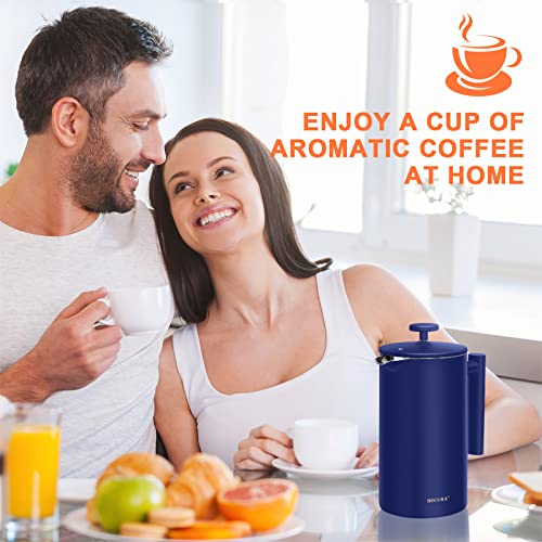Image of Secura French Press Coffee Maker, 304 Grade Stainless Steel Insulated Coffee Press with 2 Extra Screens, 34oz (1 Litre), Blue