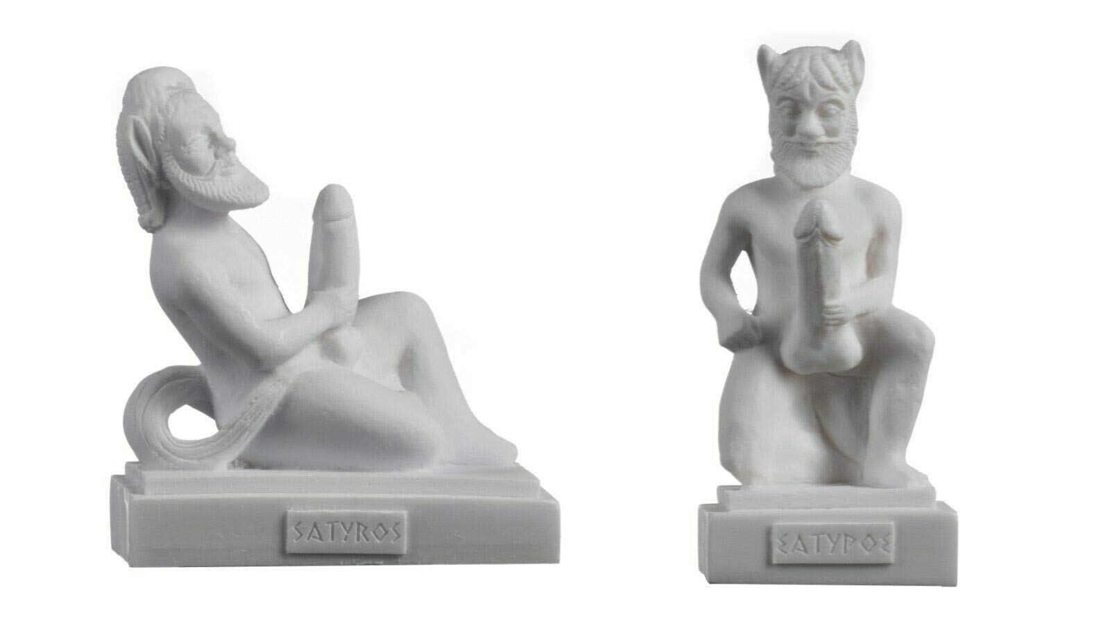 BeautifulGreekStatues Set of 2 Satyr Greek Roman Mythology Penis Statue Handmade Alabaster Nude Male