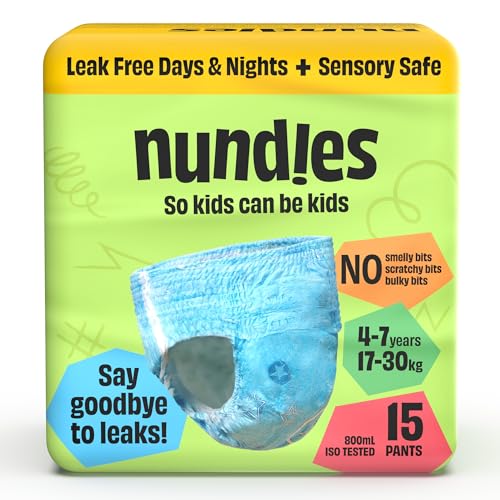 Nundies Youth Pants Disposable Nappy Pants for Kids & Teens Day & Night Leak Protection Odour Control Soft Slim Fit Underwear for Boys & Girls - Medium (4-7 Years) - 15 Pack