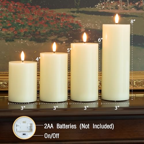 Image of Flickering Flameless Candles, Real Wax Battery Operated Candles with Remote, Flat Top Led Flameless Pillar Candles for Home, Wedding, Party Decor, Set of 4, Φ 3 inch H 4 inch 5 inch 6 inch 8 inch, Ivory