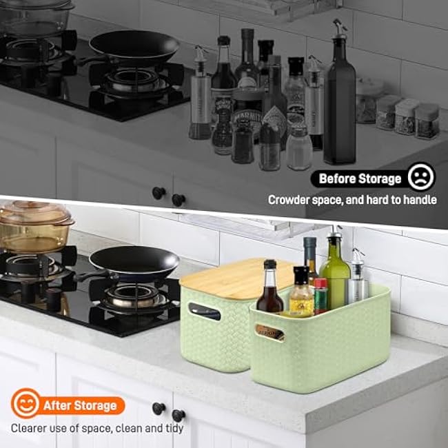 Soddeph 4 Packs Plastic Storage Bins with Bamboo Lids,Stackable Storage Containers with Lids, Storage Baskets for Organizing Desktop, Classroom, Office (Green)