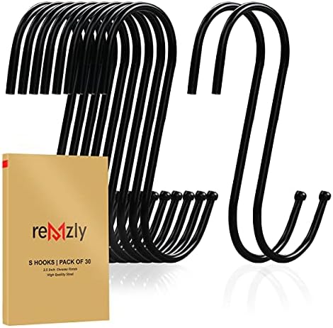 Remzly 30 Pack S Hooks for Hanging 3.5 Inch | Heavy Duty Carbon Steel Hangers for Kitchen Utensils, Plants, Pot, Pan, Cups, Towels – Black