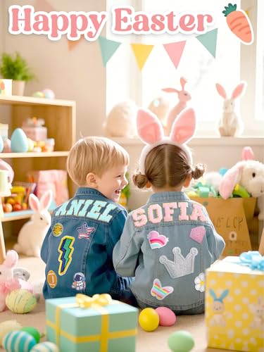 Personalized Kids Patch Denim Jacket with Names | Custom Easter Toddler Girls Clothes | Kids Outerwear Jean Jackets Clothes | Back to School Outfit | Birthday Gifts for Toddlers Girls Boys 1-82