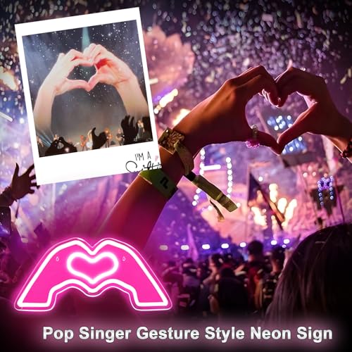 Heart Hands Neon Sign, Pin/k Neon Signs Lights Led Love Finger Neons Sign Wall Art Music Singer Fans Merch Decor Gifts with Dimmable USB Charge for Bedroom Game Room Bar Party, Birthday, Christmas