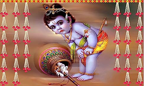 Image of Shree Bal Krishnaji Design Backdrop Curtain for Decoration Backdrop Cloth for Pooja Decoration Traditional /Background Fabric-Polyster Fabric Size-5Feet Height and 8Feet Width (5 * 8)