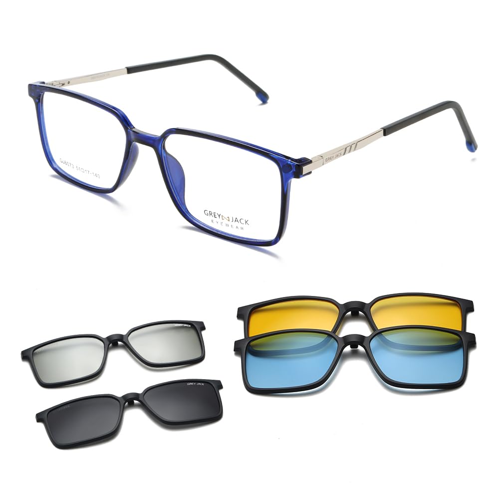 grey jackTR90 Frame 3D Polarized Lens Clip On Glasses,Rectangle Shape Spectacle Frame with 4PCS Magnetic Lens for Myopic Men Women Small Size TR6073