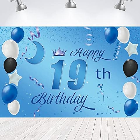 Sweet Happy 19th Birthday Backdrop Banner Poster 19 Birthday Party Decorations 19th Birthday Party Supplies 19th Photo Background for Girls,Boys,Women,Men - Blue 72.8 x 43.3 Inch Cover