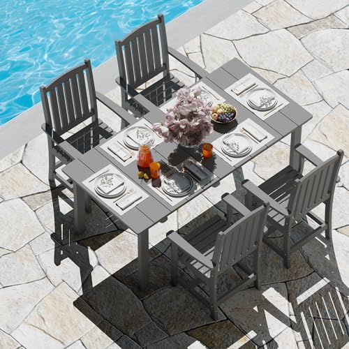 ROCSUMOO 5-Piece HDPE Outdoor Dining Set with 4 Chairs, Rectangular Patio Dining Furniture Set of 4, Modern Dining Table Chairs Set with Umbrella Hole for Poolside, Dark Gray (4 Chairs+1 Table)