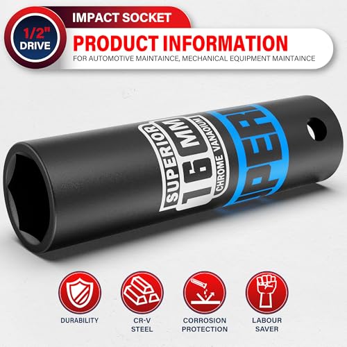 Image of 1 /2 inch Drive Impact Socket, 16 mm Deep Socket, Metric, 6 Point, CR-V, for Automotive Maintaince, Mechanical Equipment Maintaince