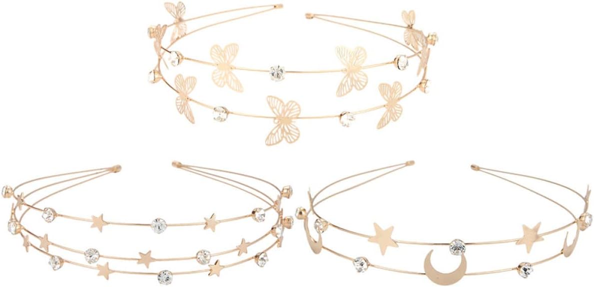 minkissy Moon Decor 6pcs Retro Hairbands for Women Metal Ornaments Multi Shaped Layer Flower Headband, Butterflies Headdress Star Bride Wedding Wire Decorative Design Crystal Wedding Decor