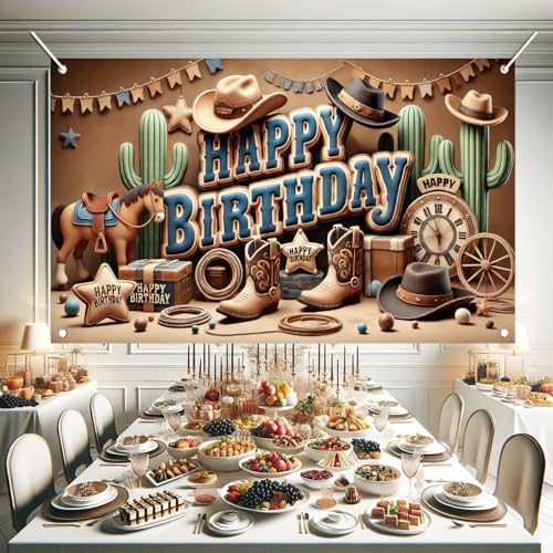Image of Western Cowboy Happy Birthday Banner Backdrop Rustic Wild West House Barn Photo Banner Party Decorations Boots Hat Cactus Horse Rope Photo Background Props 71 x 43 inch