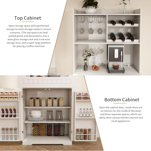 Image of 70 inch Tall Kitchen Pantry Cabinet with Charging Station & Drawer,Farmhouse Modern Wood Small Storage Cabinets w /Wide Tabletop,Wine Rack & 6 Door Shelves,for Small Kitchen,Living & Dining Room,White
