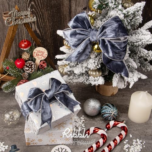 Image of Ribbli Dusty Blue Velvet Wired Ribbon 2.5 Inch Metallic Dusty Blue Crushed Velvet Christmas Ribbon for Gift Wrapping Christmas Tree Decoration Crafts Wreaths Supplies-Continuous 10 Yards