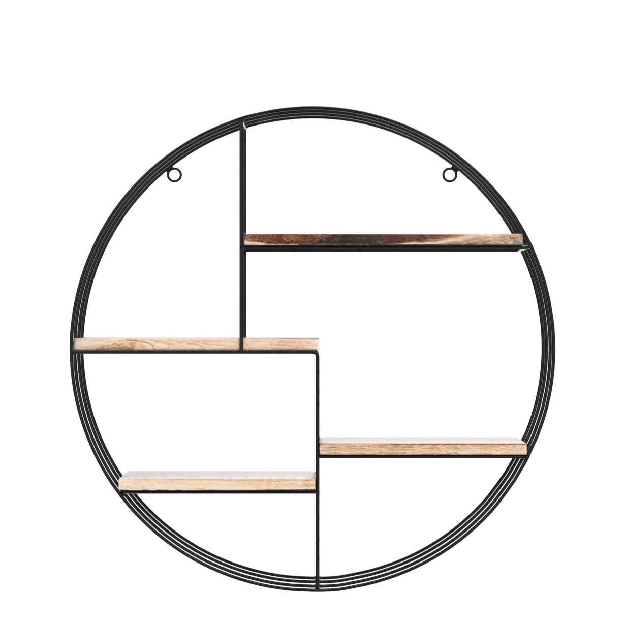 Vivol Etagere Murale Ronde en Métal Noir - 4 Tablettes en Bois - 50x11 cm
