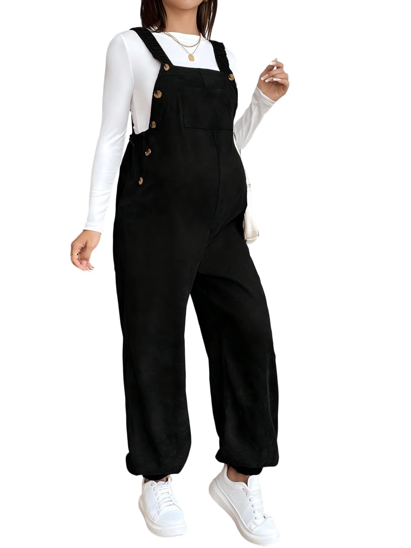 Generico Tuta premaman in velluto a coste con spalline elastiche gamba larga pantaloni larghi con pettorina e pantaloni per la gravidanza
